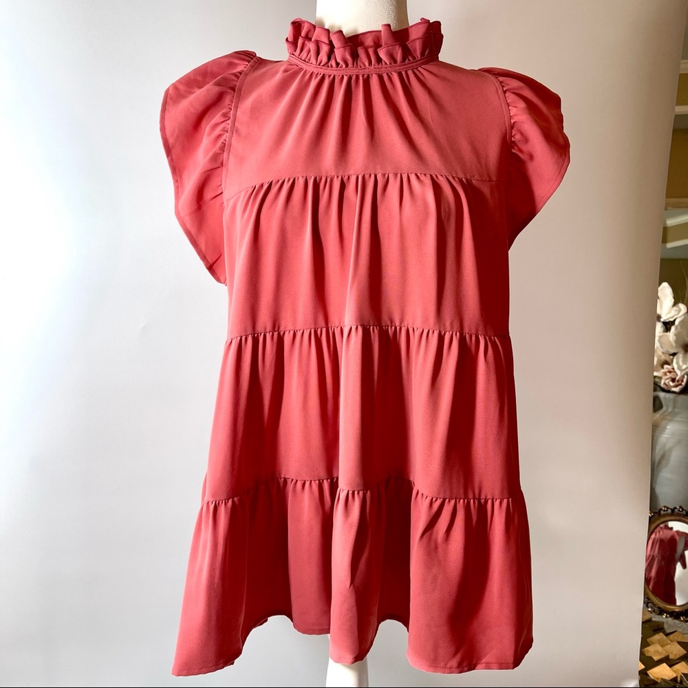 ENTRO coral ruffled round frilled neck tiered dress size L